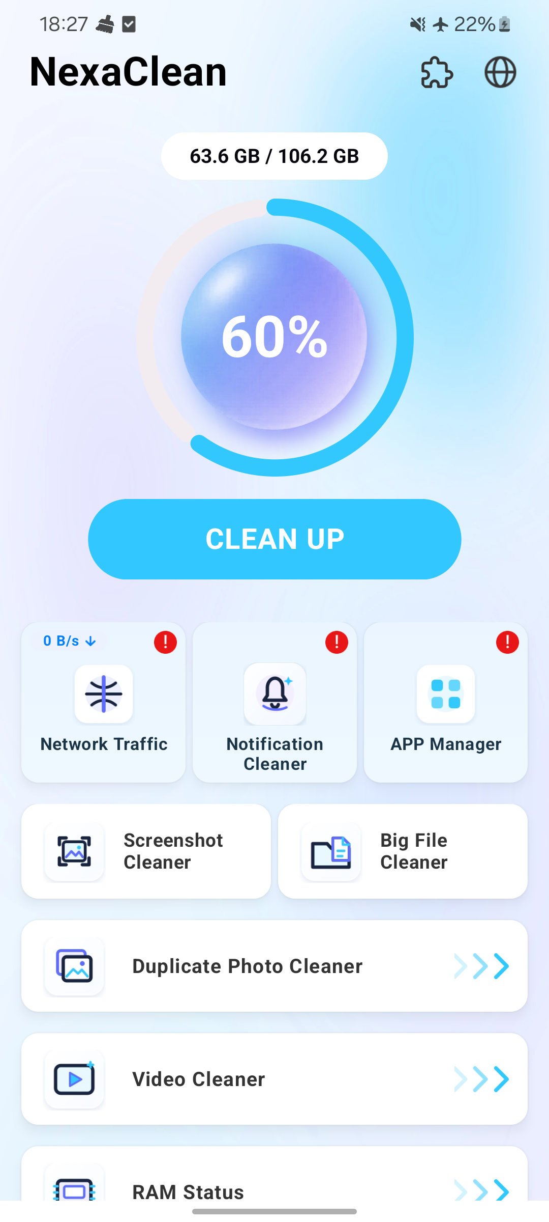 NexaClean Android storage dashboard with a cleanup action and storage overview
