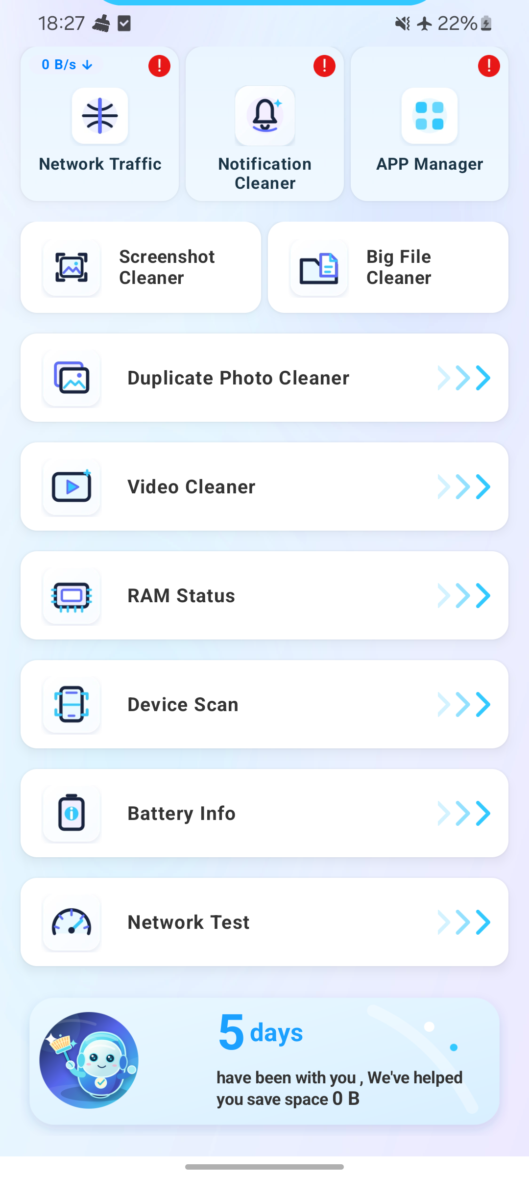 NexaClean Android tools for network traffic, notifications, app management, screenshots, large files, RAM, battery, and network testing